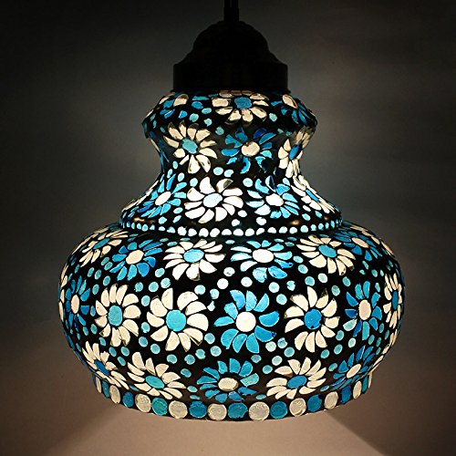 earthenmetal Surahi Shaped Large Size Glass Pendant and Hanging Lamp Turkish Style Blue in Colour and Handcrafted in India for Living and Home Decoration