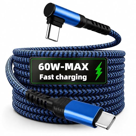 Type C Cable Fast Charging : 3.3FT/6.6FT Nylon Braided Type C Charger Fast Charging Right Angle C to C Cable Charger Cord (Blue,1m=39.37inch=3.28ft)