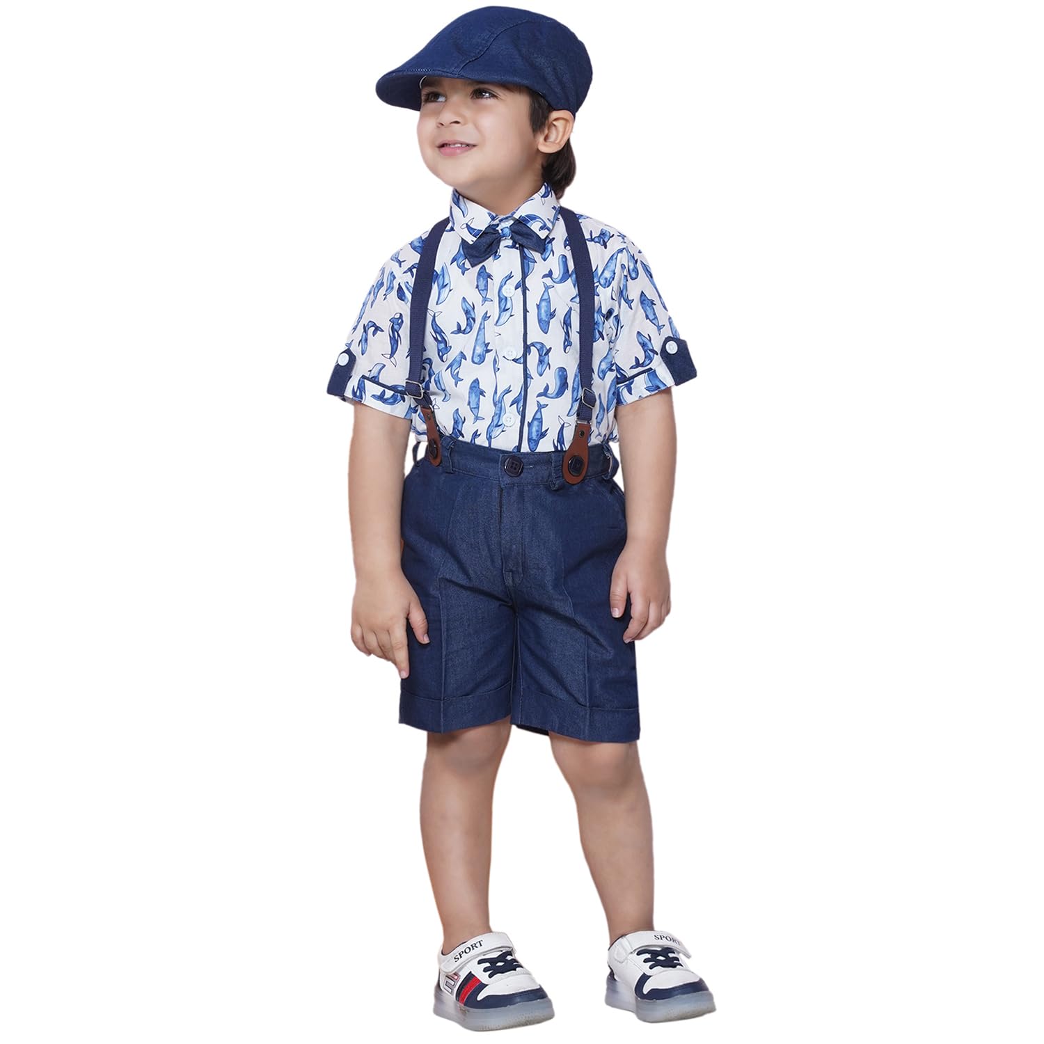 AJ DEZINES Kids Clothing Cotton Printed White Shirt Shorts With Cap and Suspender Set For Boys