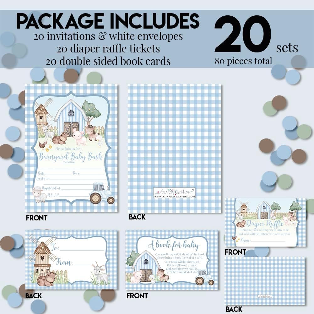 Baby Shower Invites for Boys – Barnyard Themed Baby Shower Invitation Bundle with Diaper Raffle Tickets, Book Request Cards & Envelopes. Set of 20 5X7 Baby Boy Farmer Invitation Kit Sets