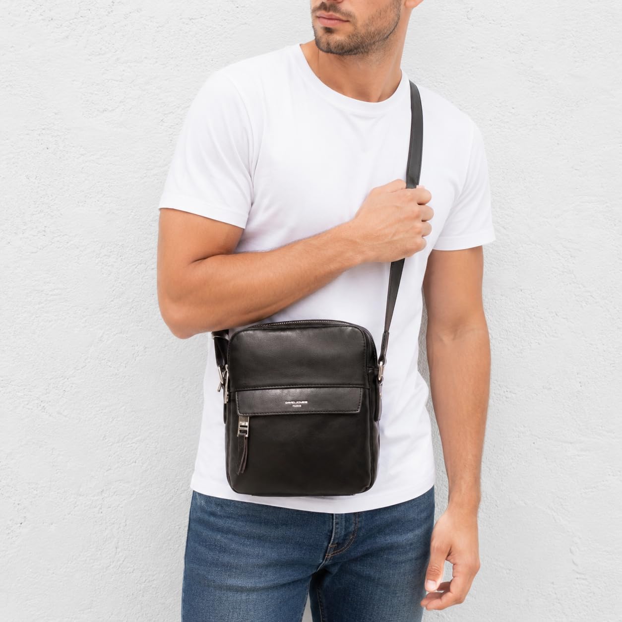David Jones - Sacoche Homme Style Cuir Véritable - Sac Bandoulière Porté Epaule Croisé Travers - Pochette Besace Messenger Multipoche Travail Affaires Business - Bourse Rétro Classique