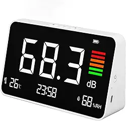 5 Em 1 Decibel Medidor, Desktop Nível Medidor de Som 30-130dB, Display LCD Ruído e Tempo e Temperatura e Umidade Medidor para Casa, Estúdio, Biblioteca