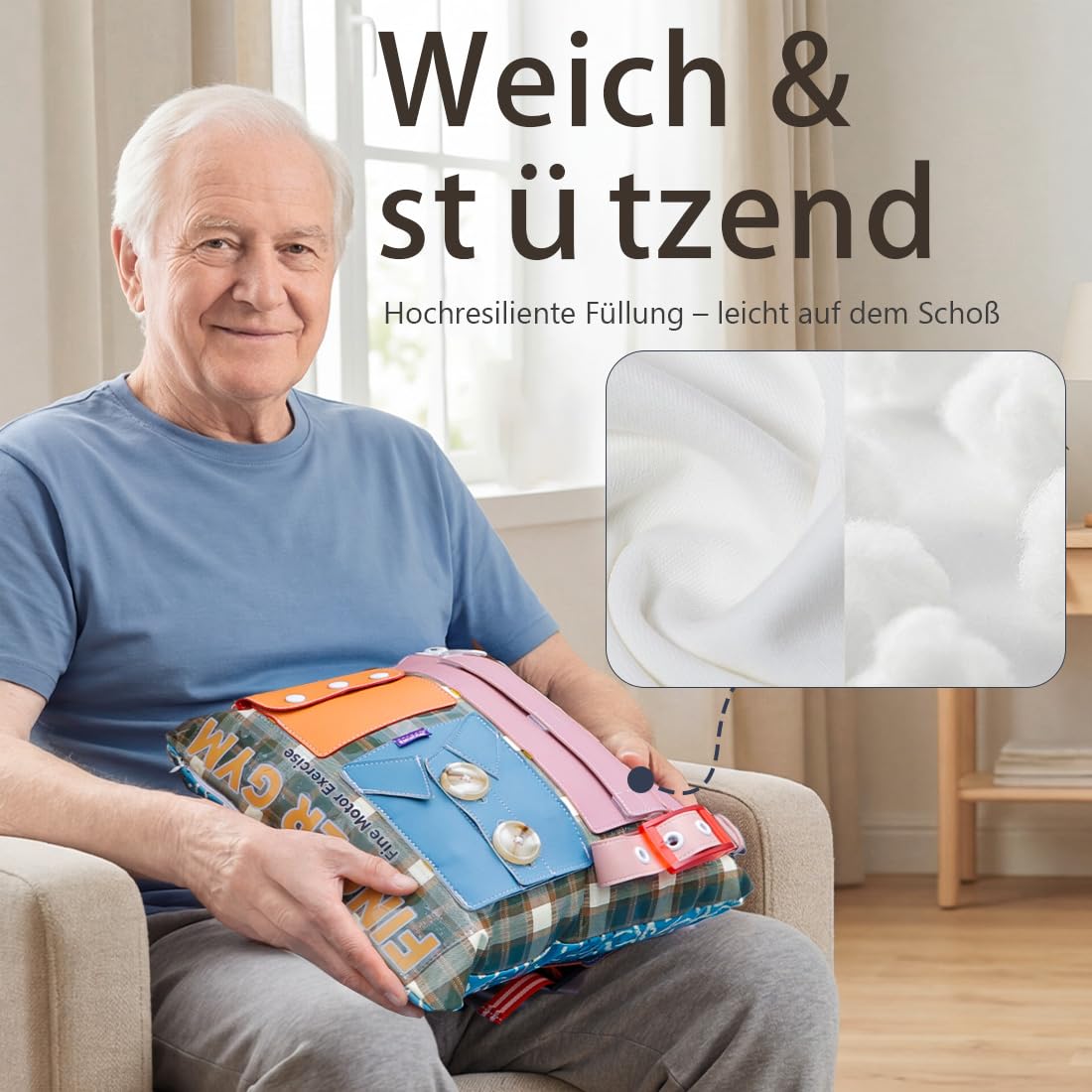 Nestelkissen für Senioren mit Demenz - Wasserdichtes Sensorik Kissen für Unruhige Hände & Motorik - Abwischbares Beschäftigungskissen mit Reißverschluss & Schnallen