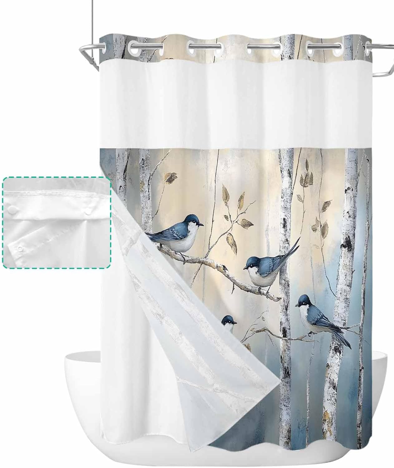 No Hook Shower Curtain with Snap in Liner Set,Tree Birds Spring Forest Oil Painting Modern Animal Waterproof & Washable,See Through Top Window Bathtub Curtain for Bathroom Hotel 60"x72"