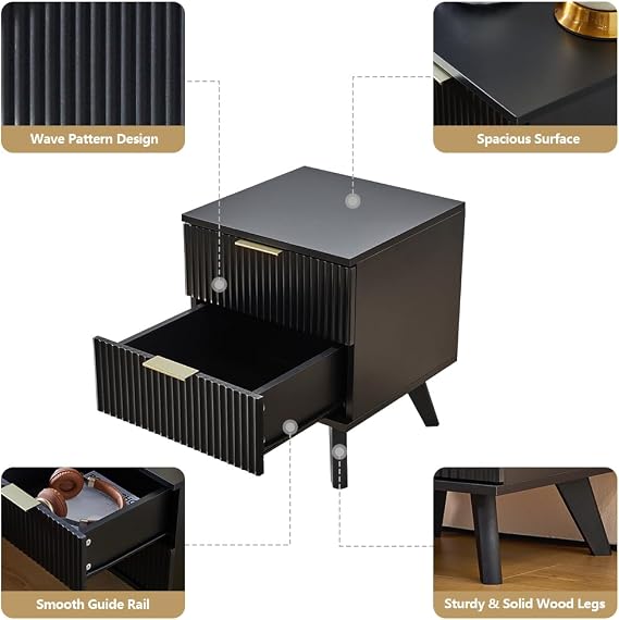 Nightstands Set of 2 with Drawers, Modern Large Striped Bed Side Table with 2 Drawers, Mid Century Modern Night Stand Set for Bedroom, Bedside End Table with Storage and Solid Wood Legs (Black)