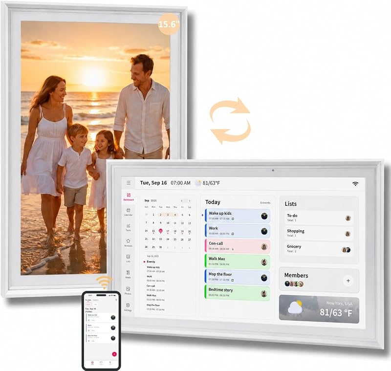 Calendario digital inteligente con rotación automática de 15,6", sin cargo de suscripción | Sincronización en tiempo real, tabla de tareas, listas y planificador de comidas, marco de fotos con pantalla táctil HD, perfecto para el centro de comando de cocina familiar