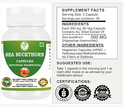 Sea Buckthorn Oil Capsule (Hippophae rhamnoides) Omega 7 | Pack of 60 x 500 MG. Vegetarian Capsules | Natural Herbal Supplement | GMP Certified | Gluten Free | Pack of 1| Morsan Healthcare