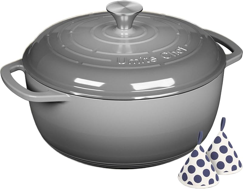 Enameled Cast Iron Dutch Oven - Umite Chef 6QT Pot with Lid & Cotton Potholders - Dual Handles -Versatile Heavy Duty Cookware for Bread Baking, Braising, Stews, Roasting(Grey）