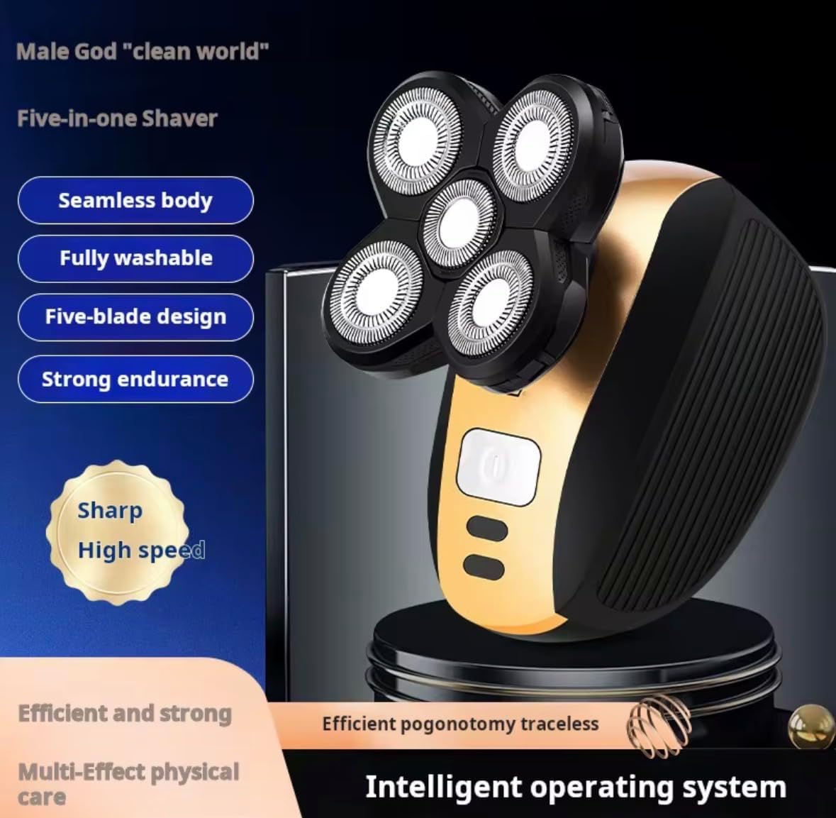 Male God Clean World 5-in-1 Electric Shaver, IPX7 Waterproof, 3D Floating Head, 90-Min Battery Life, High Speed Motor, Wet Dry Cordless Razor
