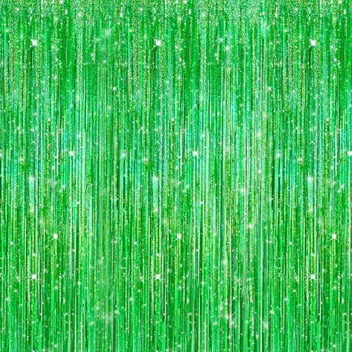 Image of Crosize 2 Pack 3.3 x 9.9 ft Laser Green Foil Fringe Curtains, Tinsel Curtain Backdrop for Parties, Door Streamers for Birthday Dinosaur Animal St Patrick's Day Football Christmas Party Decorations