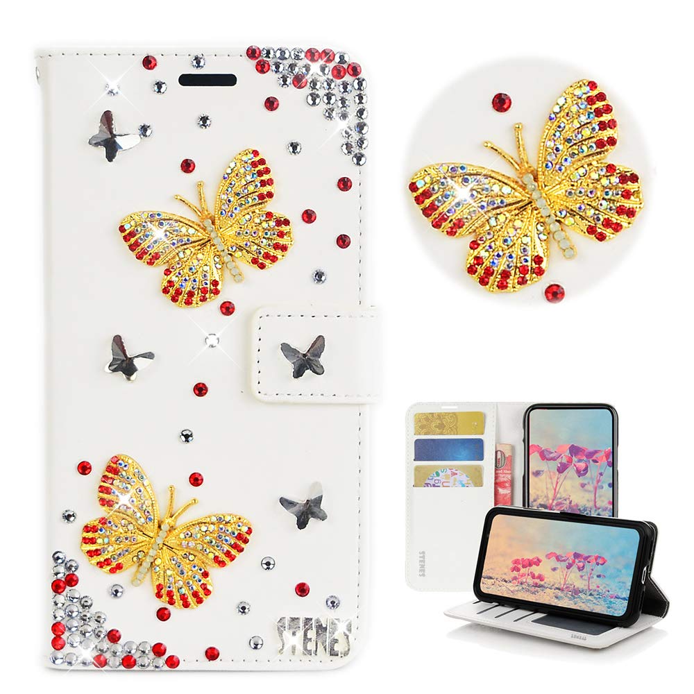STENES Bling Wallet Phone Case Compatible with LG V60 ThinQ - Stylish - 3D Handmade Crystal Butterfly Glitter Magnetic Wallet Magnetic Wallet Stand Leather Cover Case - White