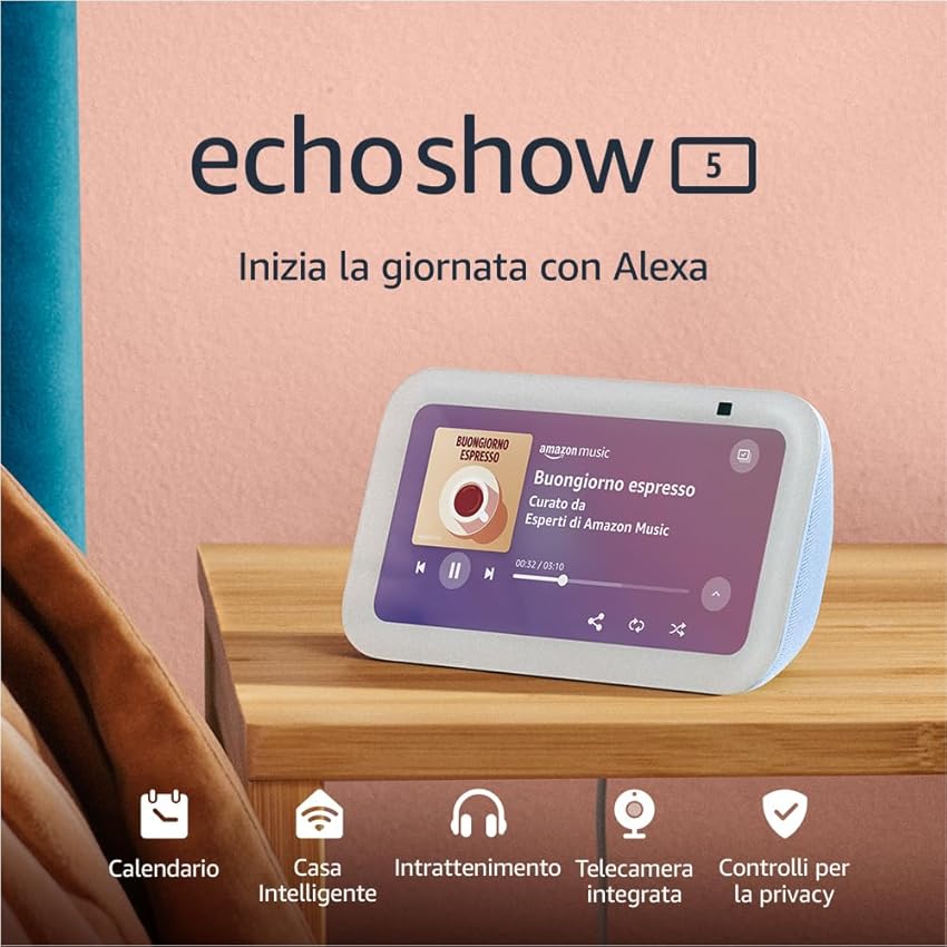 Immagine del prodotto Echo Show 5 (3ª generazione) | Schermo touch intelligente e compatto, con Alexa: controllo della Casa Intelligente e molto altro | Azzurro