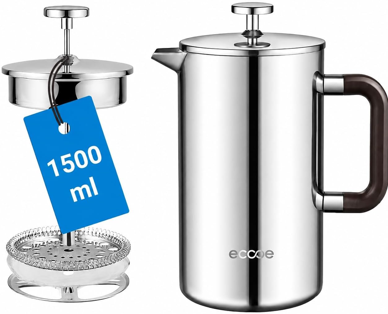 ecooe French Press zaparzacz do kawy z podwójnymi ściankami, 1,5 l, stal nierdzewna 18/10, z 3 filtrami, kolor srebrny, 1500 ml