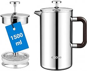 ecooe French Press Kaffeepresse, 1,5 l, Edelstahl doppelwandig 18/10