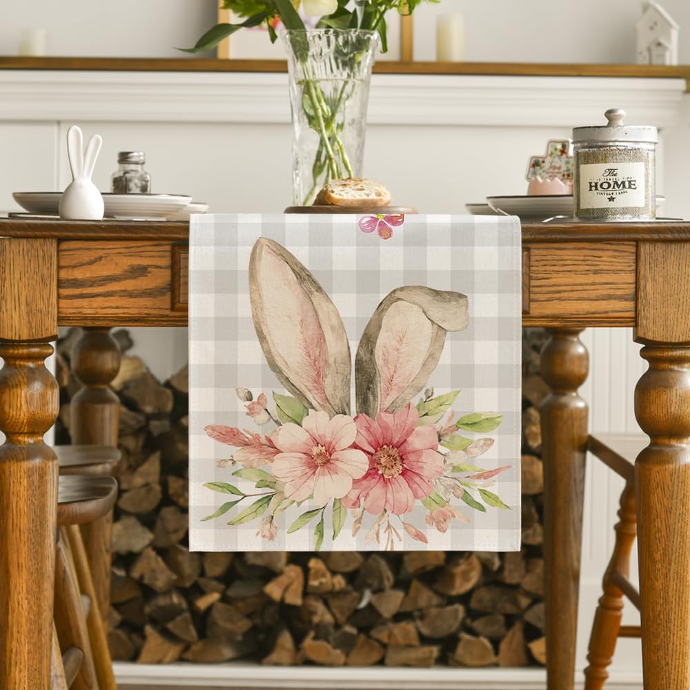 Buff Plaid Bunny Rabbit Ears Flower Easter Table Runner,