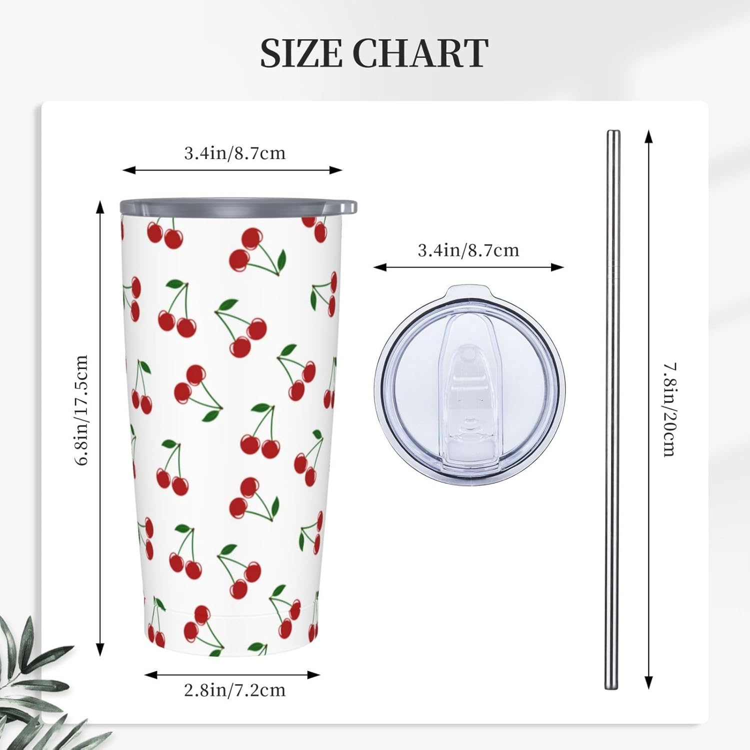 Cherry Tumbler 20oz Fruit Stainless Steel Insulated Tumblers with Lid and Straw Fruits Travel Coffee Mug Tea Wine Cups Water Bottle Cherry Gifts for Women - Image 3