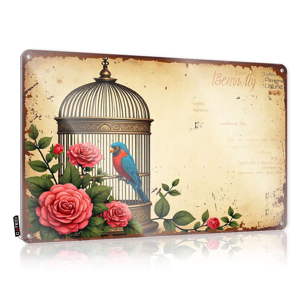 Fzfn Colour A Vibrant Birdcage Adorned With Roses Essentials Shabby Chic - Porch Decor Funny Wall Signs Wall Art Decoration(20X30cm)