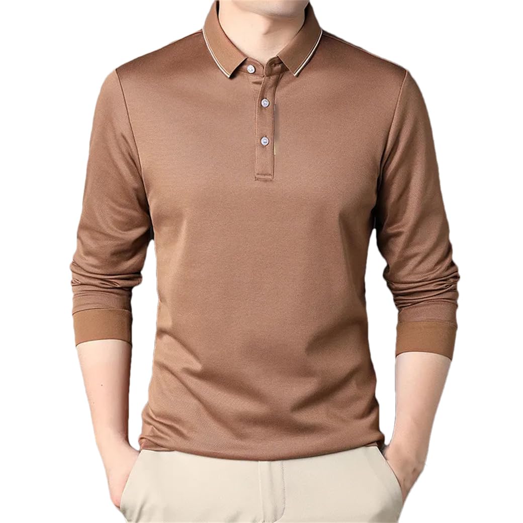 Polo da uomo a maniche lunghe, tinta unita, morbida, con risvolto, polo casual da lavoro, bottoni