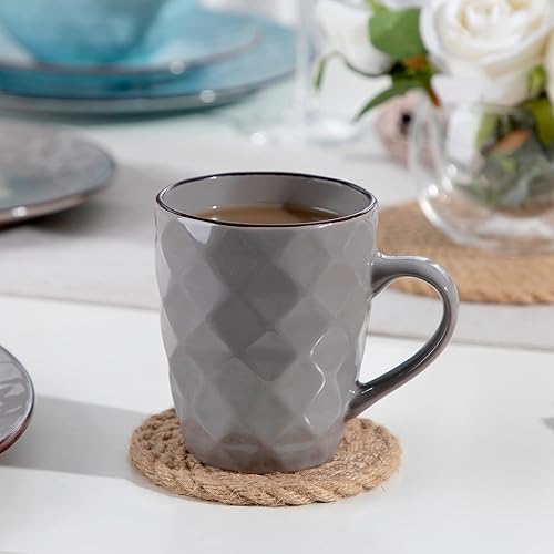 Miniatura 8 de vancasso Juego de vajilla con relieve de gemas para 4, servicio de cena azul y gris con borde marrón, juego de vajilla de 16 piezas con plato de