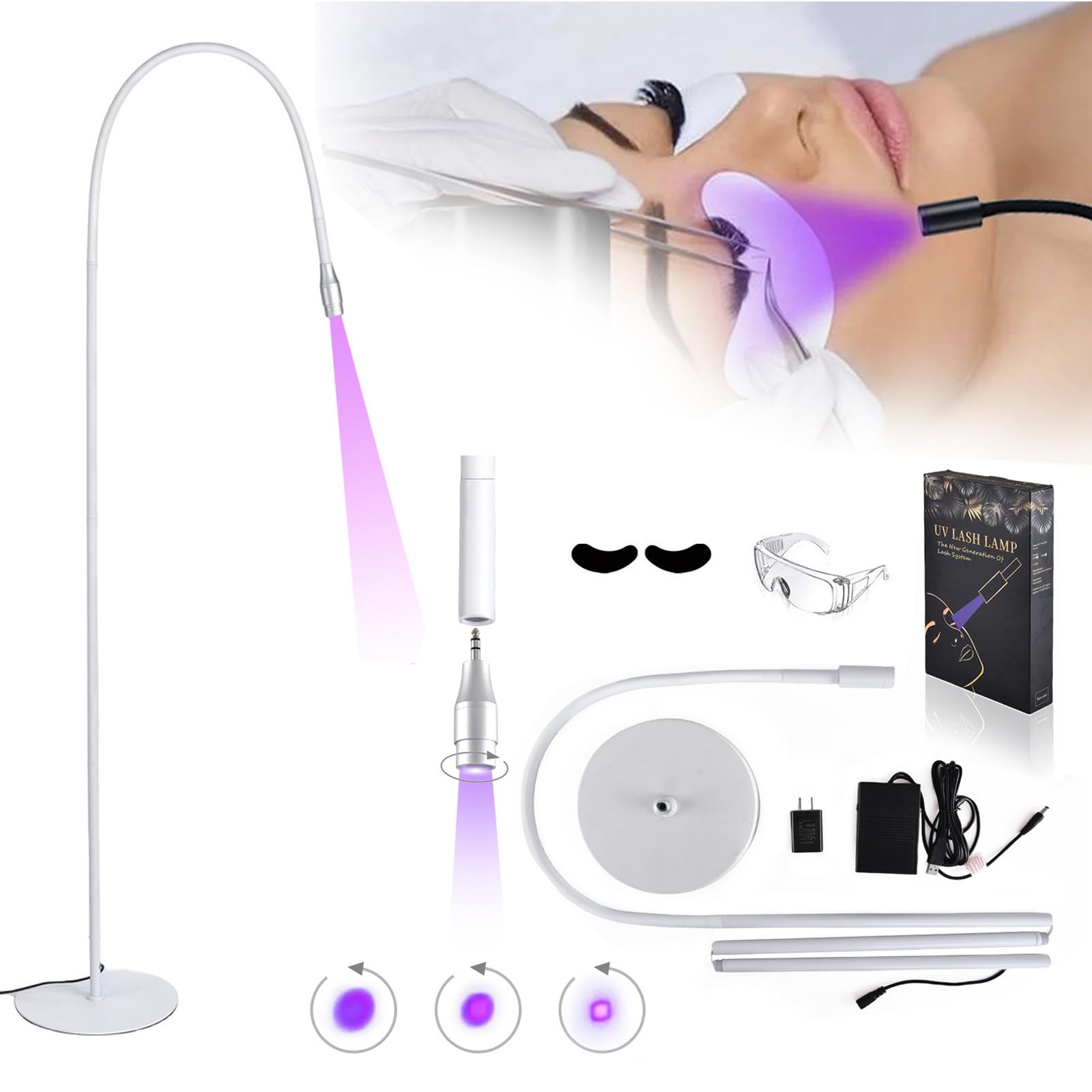 UV-Wimpernlampe für Wimpernverlängerung mit Fußschalter, Augenklappe, Schutzbrille, flexiblem Schwanenhals, 5 W dimmbare Spotlight-LED-Stehlampe, Kleber härtet in 1–3 Sekunden aus,White