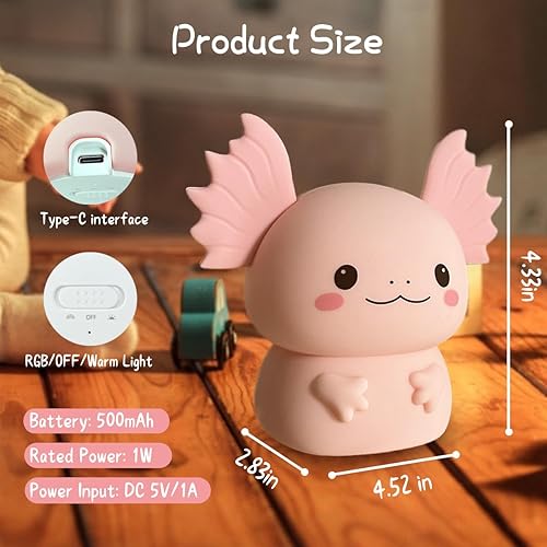 Miniatura 7 de Regalos de Axolotl Luz Nocturna para Niños, Bonita Lámpara de Axolotl de Silicona para Bebé y Niño Pequeño, Luz Nocturna de Animales para Niños y