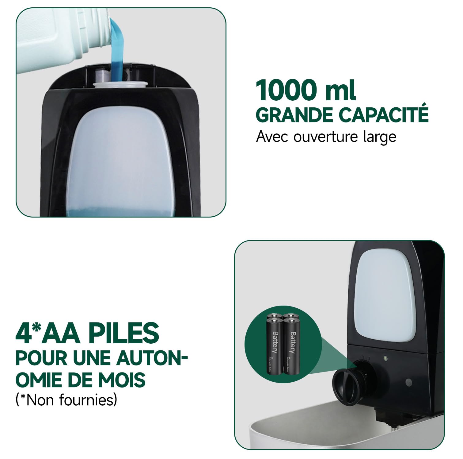 anydry Distributeur Automatique de Savon Liquide Professionnel de 1000 ML, à Montage Mural, sans Contact, pour Toilettes à Fort trafic, Bureaux, hôpitaux, modèle 1220S Argent
