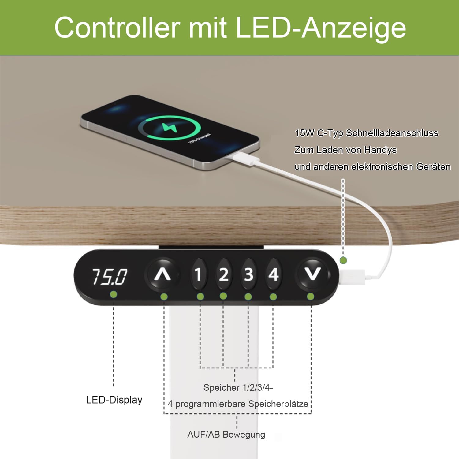 Radlove elektrisch höhenverstellbarer Schreibtisch mit USB-C & LED-Anzeige, 71×46 cm Stehpult mit Rollen, mobiler höhenverstellbarer Laptoptisch, Khaki