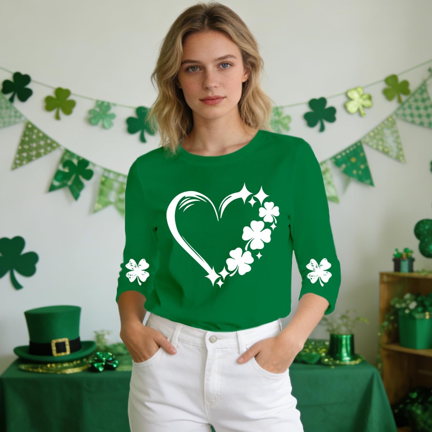 St Patricks Day Shirt for Women 3/4 Long Sleeve Love Shamrock Paddys Day Shirts Irish Lucky Clover Tee Tops - Image 2
