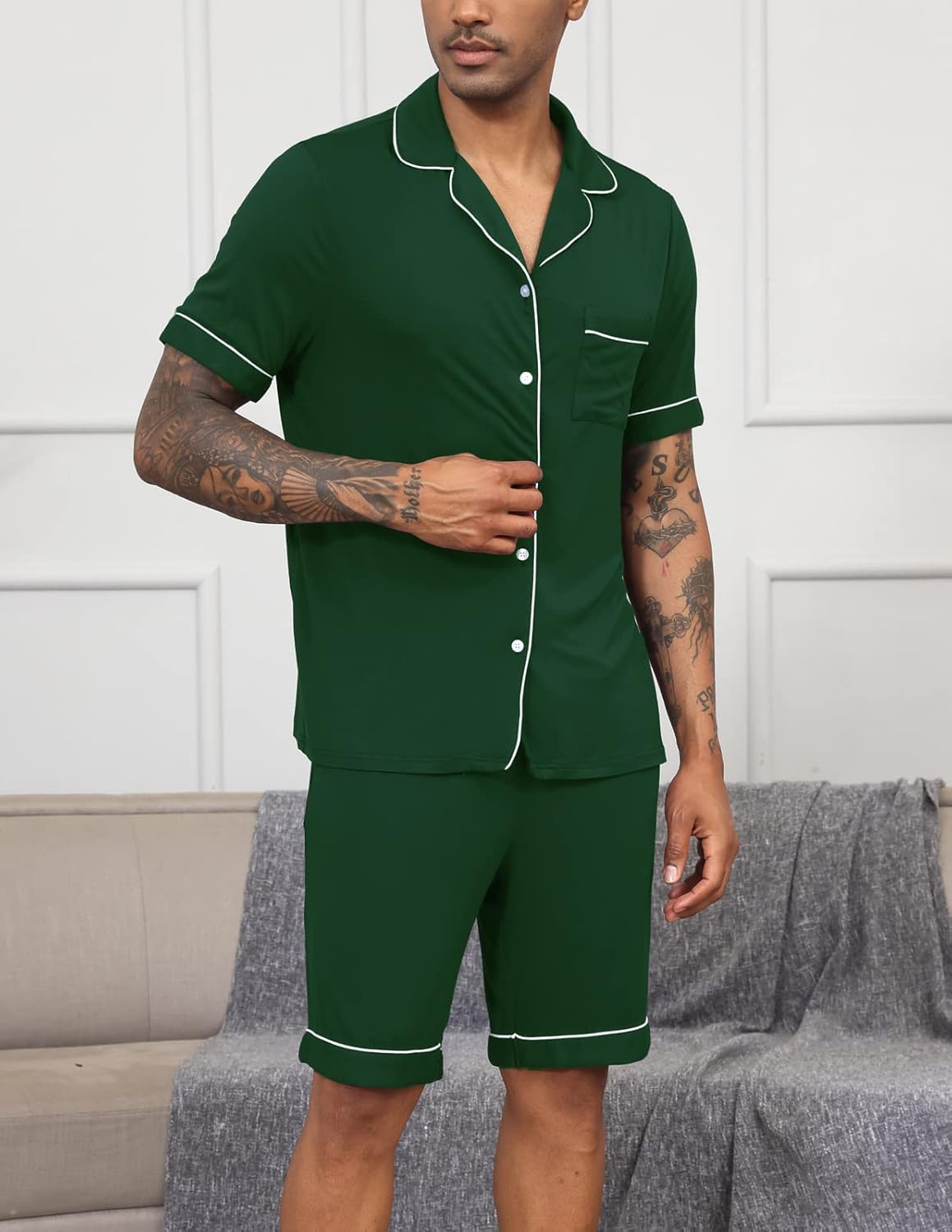 Veseacky Mens Cotton Pajama Set Short Sleeve Square Collar 2 Piece Nightwear Shorts with Pockets Summer Sleepwear PJS Green XL