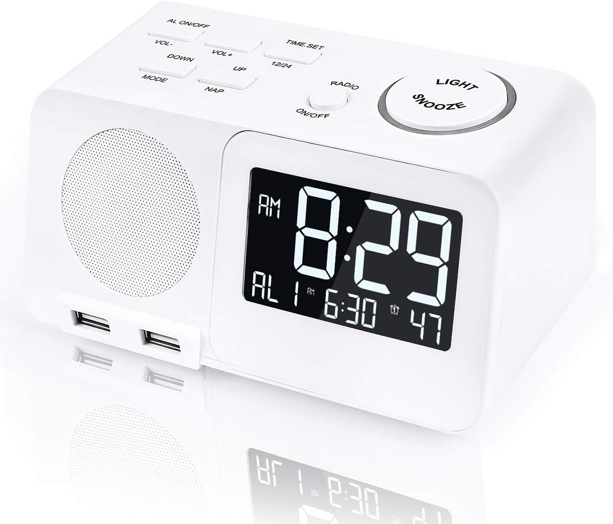 Digital Alarm Clock FM Radios Large LED Display,Adjustable Brightness USB Port for Cellphone Charging 2 Setting Snooze Sleep Timer