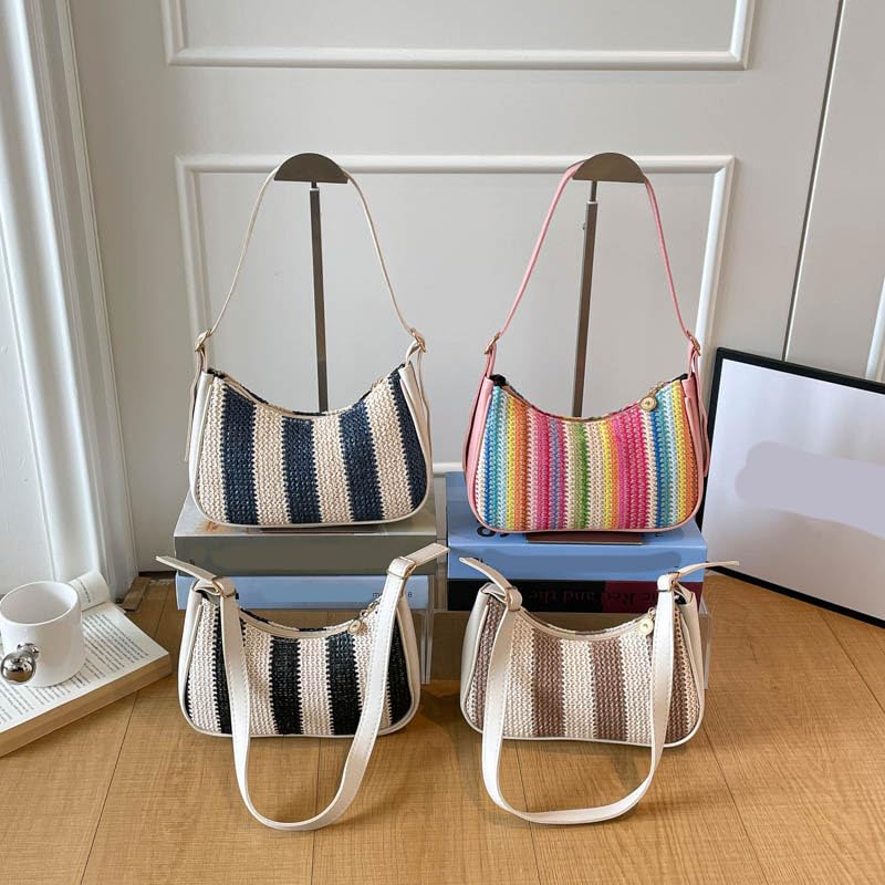 Borsa a tracolla da spiaggia da donna, grande capacità, in paglia | EcoGleam Borsa a tracolla in paglia leggera con grande capacità, motivo a righe, 24 x 16 x 7 cm
