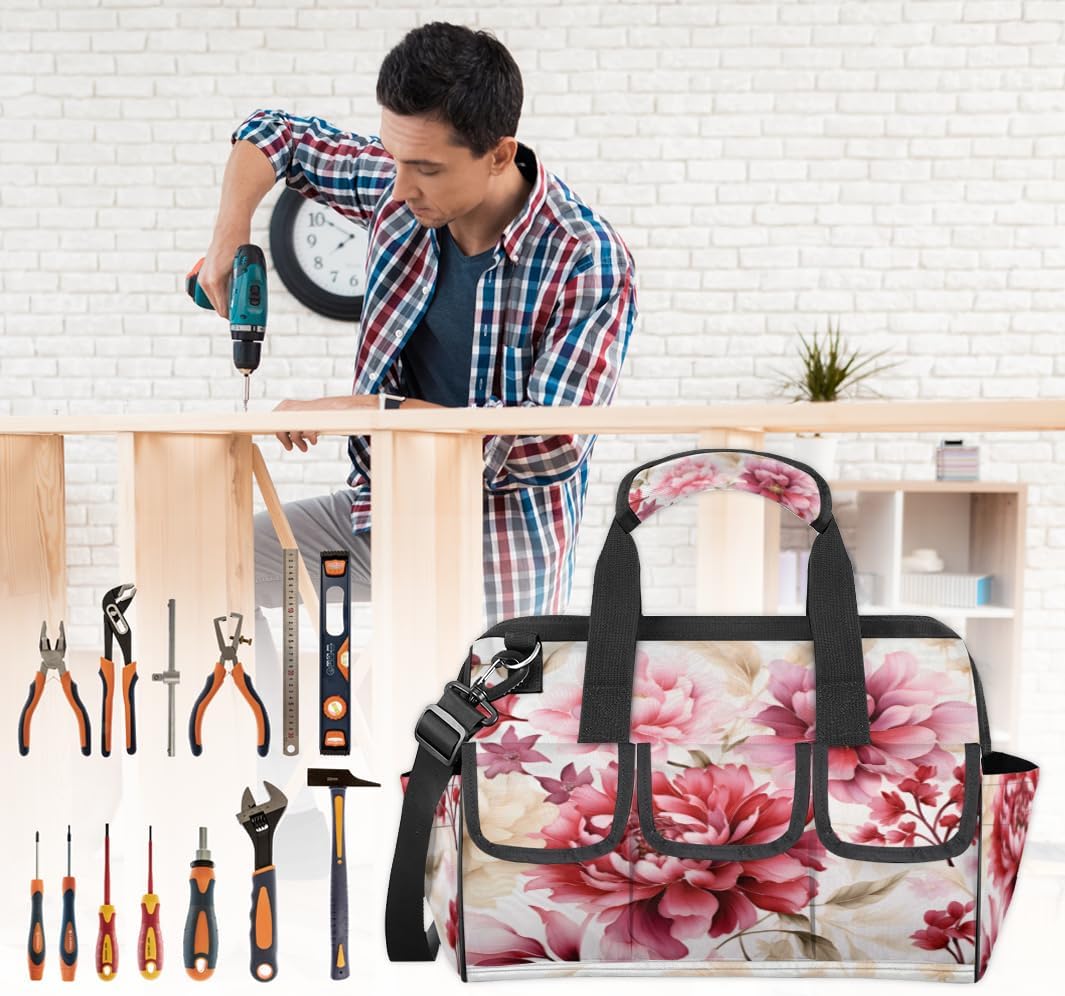 Pink Peony Blooms Heavy Duty Tool Bag 14.8 Inch for Men, Wide Mouth Garden Tool Storage Bag with Adjustable Shoulder Strap, 14 Pockets Tool Bag Organizer for Construction, Gardening
