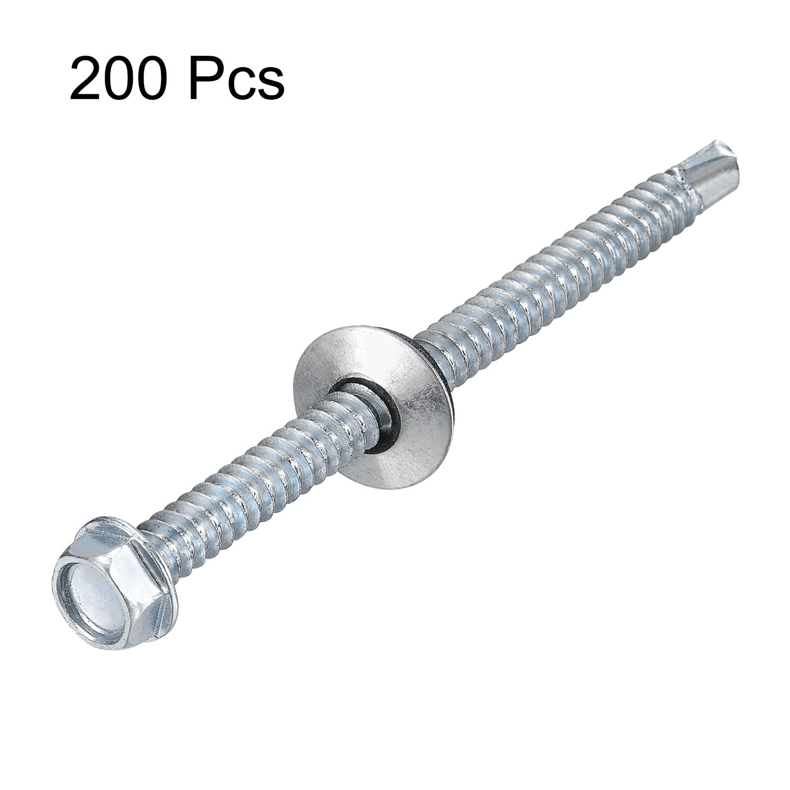 QUARKZMAN #14x3-5/9" Tornillos Autoperforantes con Arandela de Goma, 200Pcs Acabado Zincado Cabeza Hexagonal Tornillos Autorroscantes con Arandela EPDM para Metal
