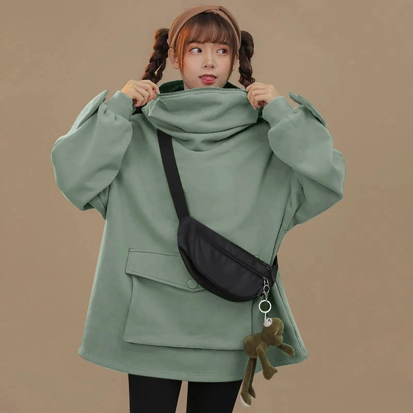 Cute Frog Hoodie With Zipper Mouth - Light Green Pullover Sweatshirt For Women & Men, Large Front Pocket