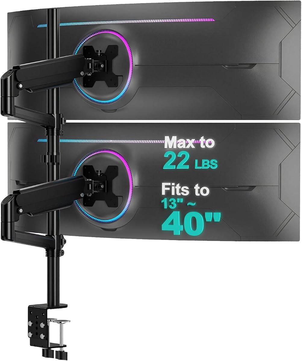 Montaje de monitor doble vertical WALI para pantallas curvas de 13-40 pulgadas, hasta 22 libras | Soporte de monitor apilado, poste extra alto de 31,5 pulgadas, movimiento completo con inclinación, giro, rotación, abrazadera en C, VESA 75/100 mm (GSDM002XL)