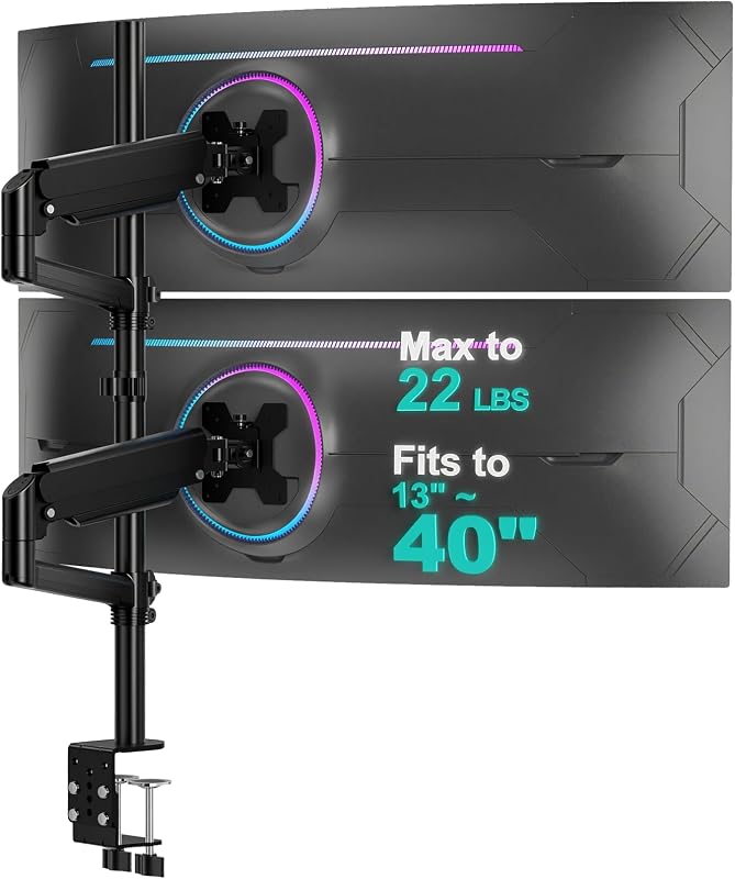 Montaje de monitor doble vertical WALI para pantallas curvas de 13-40 pulgadas, hasta 22 libras | Soporte de monitor apilado, poste extra alto de 31,5 pulgadas, movimiento completo con inclinación, giro, rotación, abrazadera en C, VESA 75/100 mm (GSDM002XL)