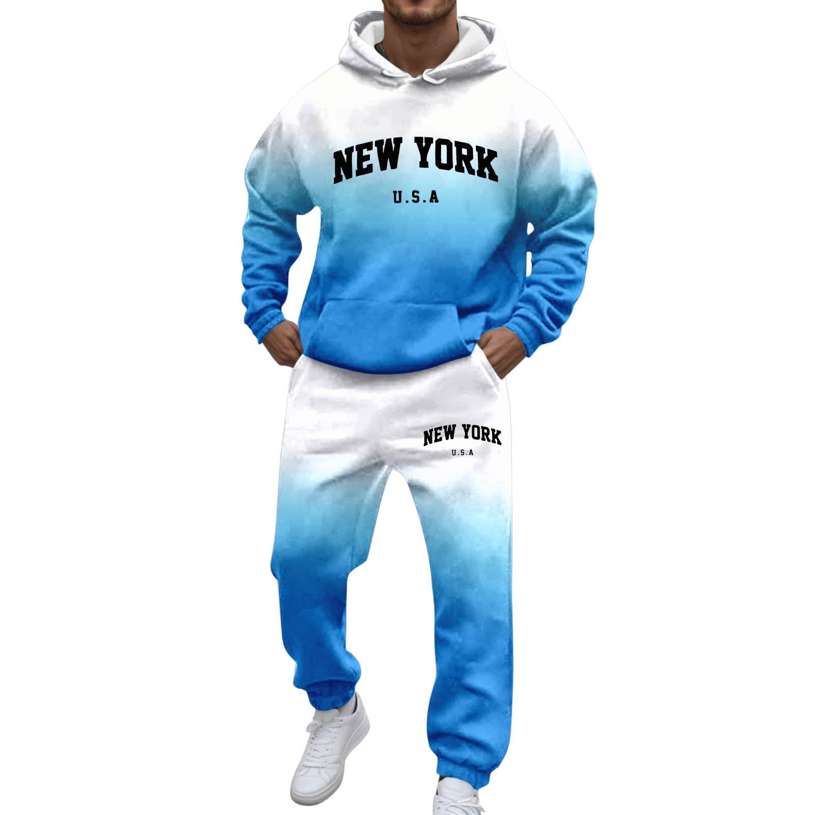 Conjunto de chándal para hombre New York Logo degradado Y2K Chándal con capucha y pantalones de chándal de dos piezas de manga larga con bolsillos cómodo Conjunto de chándal holgado de fitness