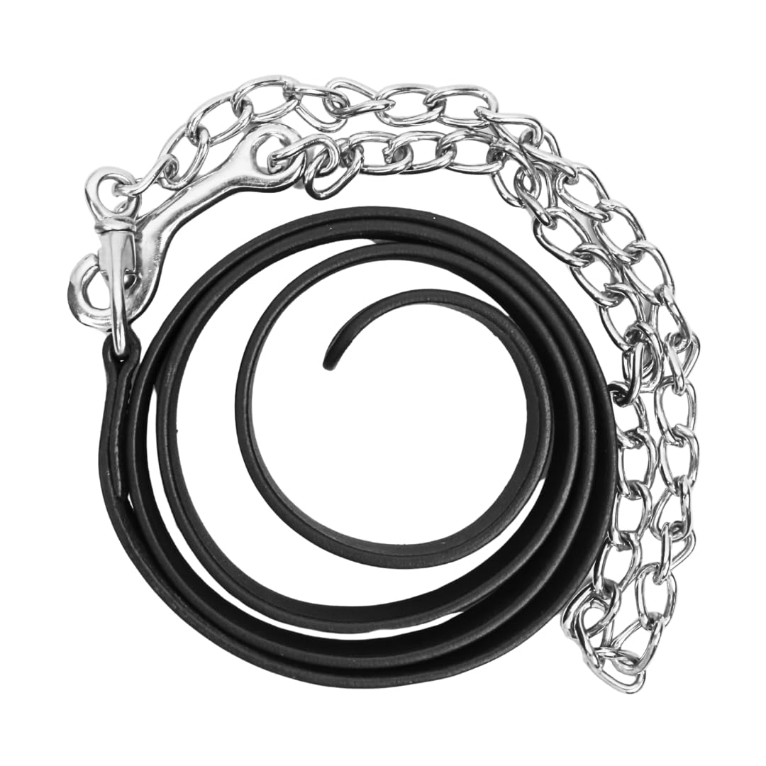 JA3007 Führkette Lederführleine mit Kette – Hochwertige Führkette Vorführleine aus Leder für Pferde, Show & Training (Schwarz)