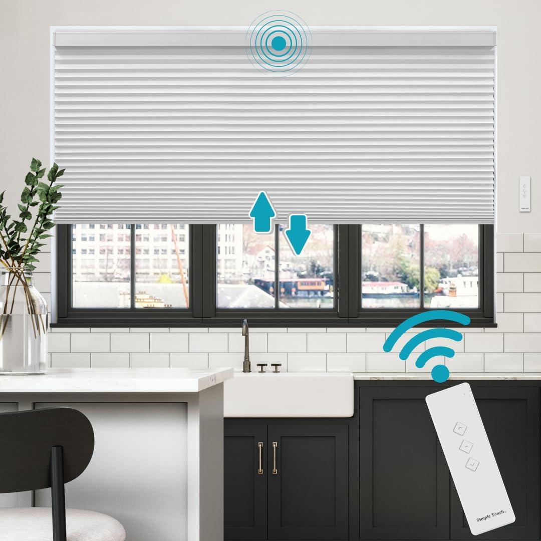 BlindsAvenue Simply Motorized Cellular Shades with Remote Control, Automatic Electric Cordless Wireless Blinds for Indoor Window, Blackout Blind, Color: White, Size: 70" W x 48" L