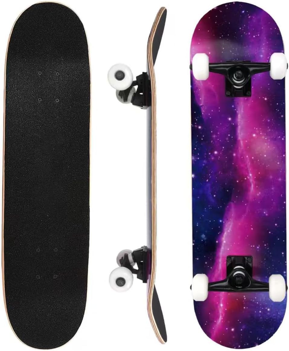 ERNAN Complete Skateboard for Beginners,31 x 8 Inch Double Kick Skateboard for Kids Teenagers & Adults. with Skate T-Tool. (Purple Nebula)