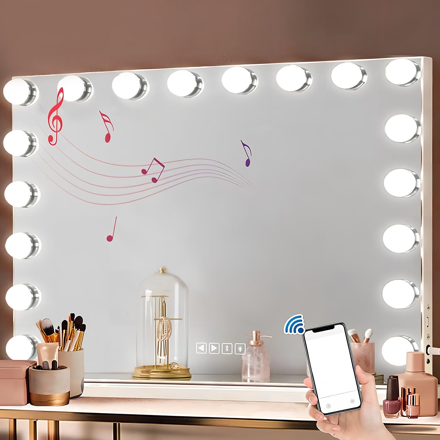 SANTAWOOD Vanity Mirror with Lights and Bluetooth Speaker, 31.5''x22.8'' Hollywood Makeup Mirror with 18 Dimmable LED Bulbs, 3 Color Modes, USB Charging Port, Detachable 10X Magnification