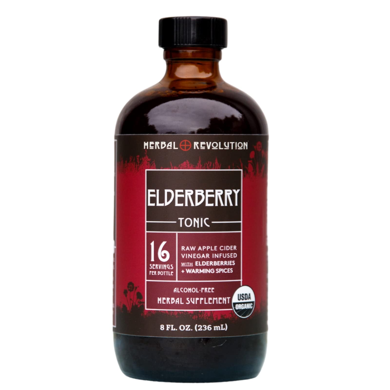 Elderberry Tonic - Certified Organic Non-GMO Apple Cider Vinegar Infused with Cinnamon Bark, Raw Honey, Ginger & More - Made Using Regenerative Farming Practices - 8 Oz
