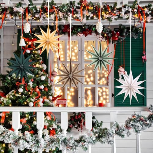 Image of 12 Inches 5 PCS Sage Green Paper Star Lanterns Hanging Stars Christmas Party Decorations Hanging Lampshade Christmas Wedding Birthday Christmas Home Party Decorations(12 Pointed)