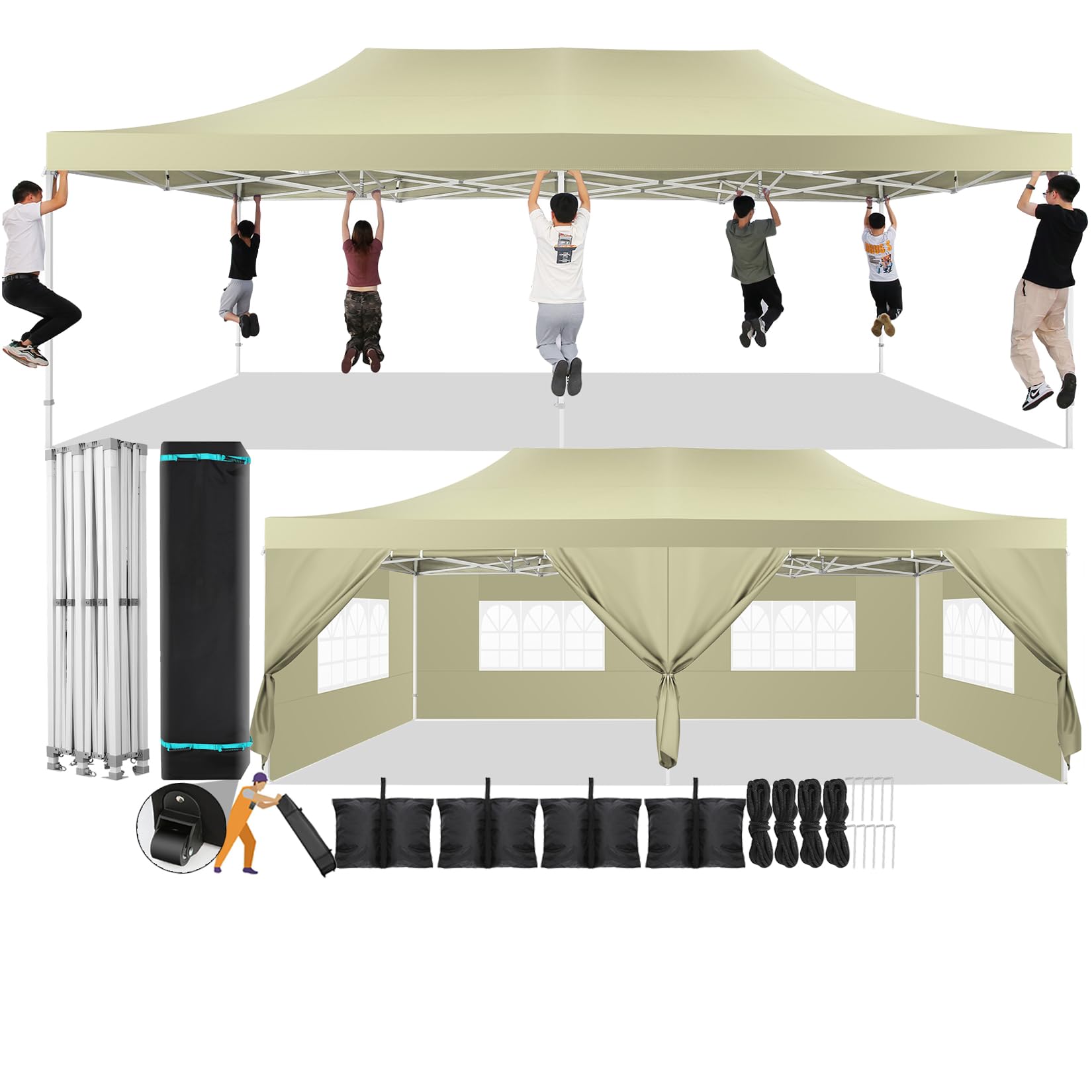 COBIZI 13x26 Pop Up Canopy with 6 Sidewall,Heavy Duty Canopy UPF 50+ All Season Wind Waterproof Commercial Outdoor Wedding Party Tents for Parties Canopy Gazebo with Roller Bag(13 x 26 ft Khaki)