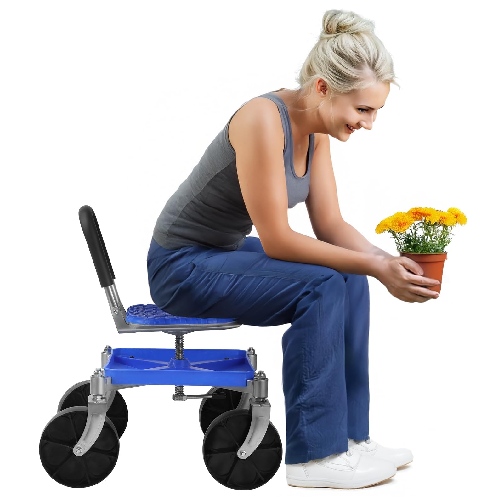 Fairnull Rolling Garden Seat Adjustable Height, 360 Degree Swivel Gardening Stool with Tool Tray, 150kg Capacity, Steel Frame with Wheels for Garage Gardening and Workshop (Blue)