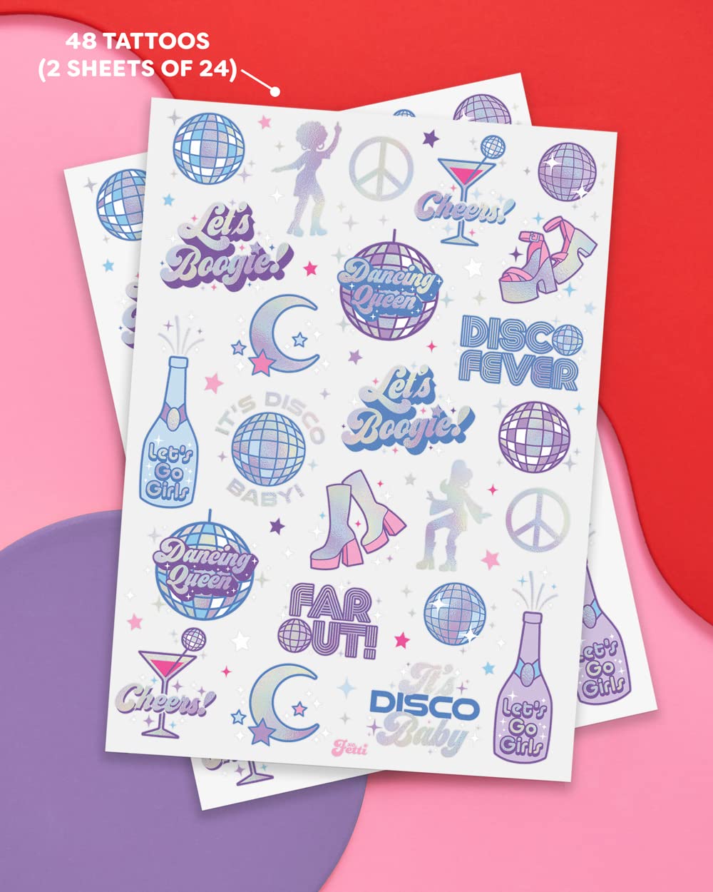 xo, Fetti Disco Birthday Party Temporary Tattoos - 48 Iridescent Foil Pcs | Birthday Girl Party Decorations, Dancing Queen, 70s Groovy Party