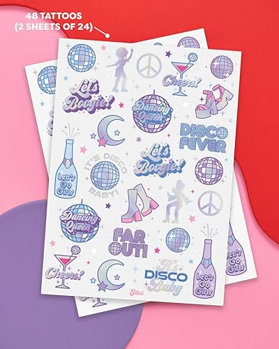 Miniatura 2 de xo, Fetti Tatuajes temporales para fiesta de cumpleaños de discoteca, 48 piezas de papel de aluminio iridiscente, decoraciones de fiesta de