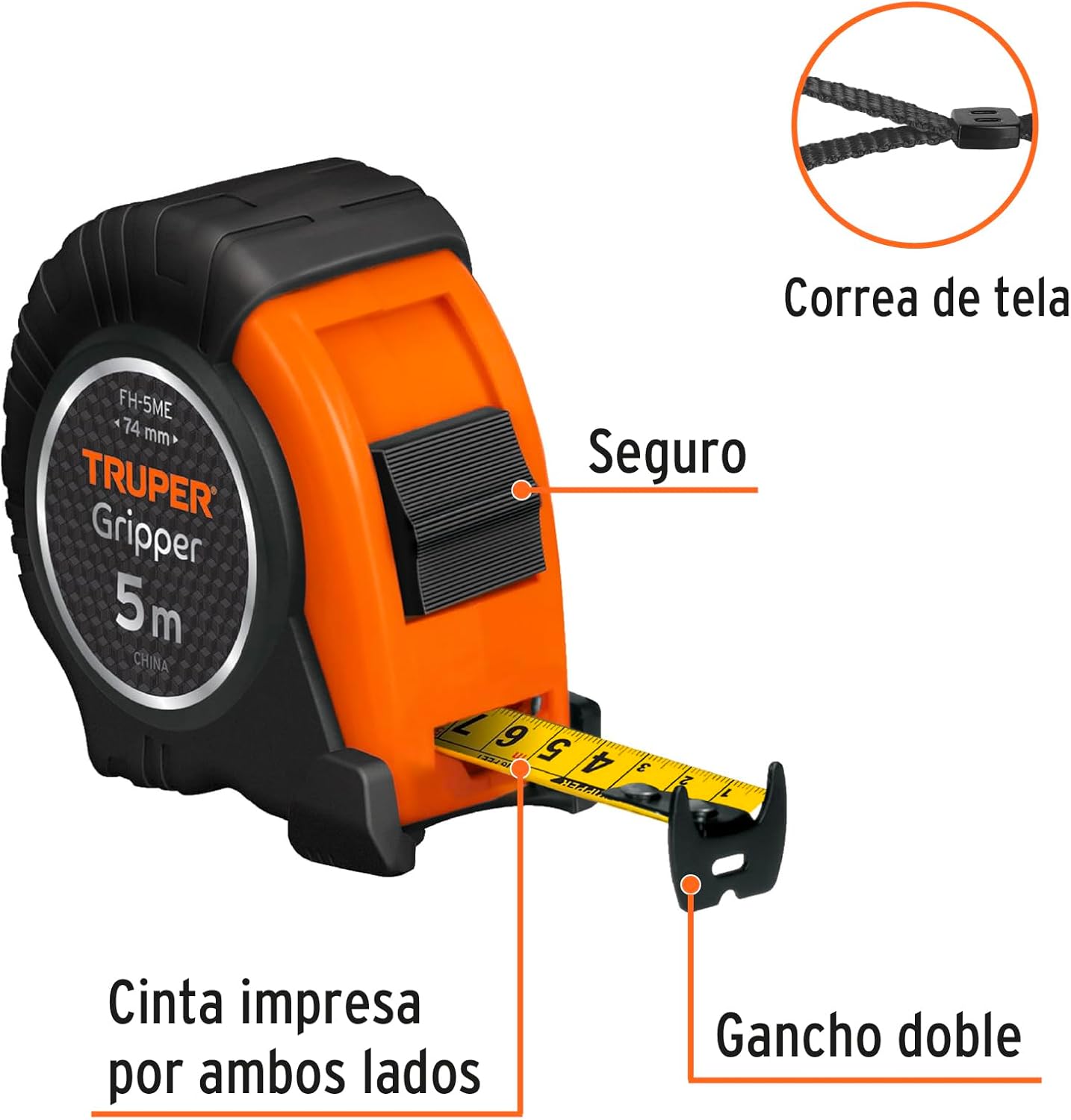 Truper Flexmetro against impact, 5m, 19mm, Automatic Lock, Model 15388
