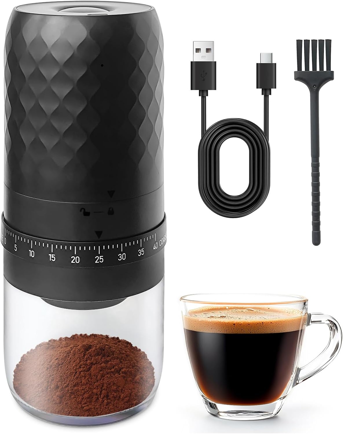 Portable Electric Coffee Grinder with 40 Adjustable Settings, 1800mAh Rechargeable Battery and Faster Grinding, Coffee Bean Grinders with Cleaning Brush for Camping, Travel, Office, Home