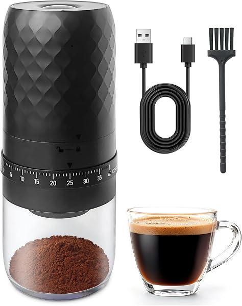 Aswitye Portable Electric Coffee Grinder with 40 Adjustable Settings, 1800mAh Rechargeable Battery and Faster Grinding, Coffee Bean Grinders with Cleaning Brush for Camping, Travel, Office, Home - 1